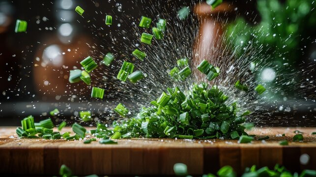 Chive slice spray spectacular burst wooden surface fresh green herbs explosive upward motion water spray dynamic culinary photography kitchen