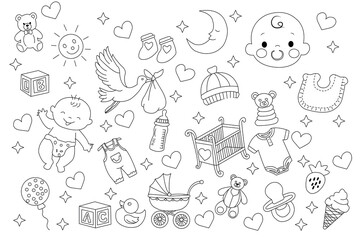 Cute Baby-Themed Coloring Book Pages for Infants and Toddlers featuring Adorable Illustrations of Toys, Clothing, and Accessories