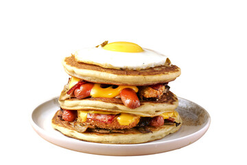 Pancake Toast Poulet pané et panko, bacon, saucisses et Œuf au plat