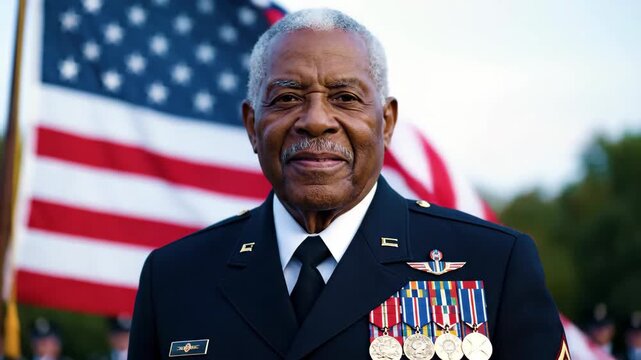 Close up of an african american man veteran in uniform with medals and an american flag in the background, showing pride.