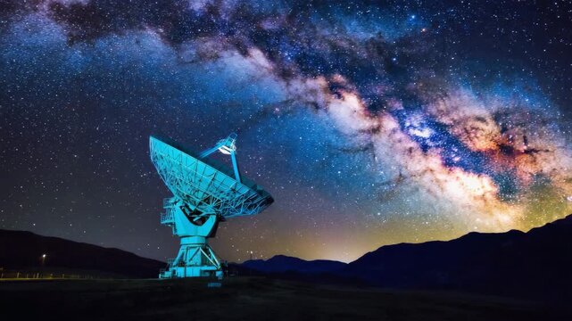 Radio Telescope Under Starry Milky Way Night Astronomy 4K