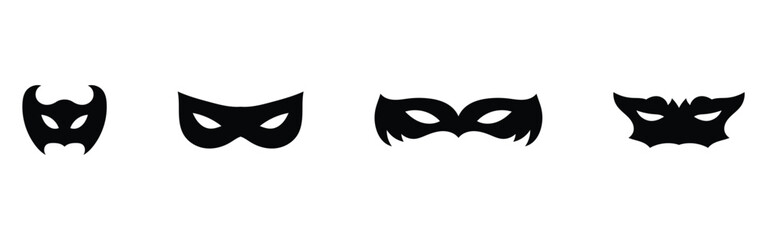 Carnival mask silhouette icons set on white page. Costume party facial-mask icons. Super-heroes musk set on white background. Black mystery mask icon set. EPS 10. 