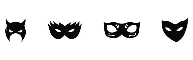 Carnival mask silhouette icons set on white page. Costume party facial-mask icons. Super-heroes musk set on white background. Black mystery mask icon set. EPS 10. 