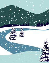 Winter Landscape, minimalist style inspired by alpine landscapes &ndash; Christmas Card. Gently falling snowflakes across the entire scene. Vector illustration 
