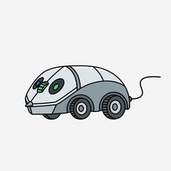Cartoon computer mouse with wheels and a cord, resembling a car.