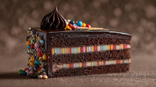 A chocolate cake slice with striped candy accents, copy space