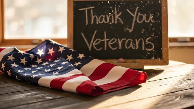 Chalkboard with thank you veterans message and american flag on sunlit wooden table near window for Veterans day.