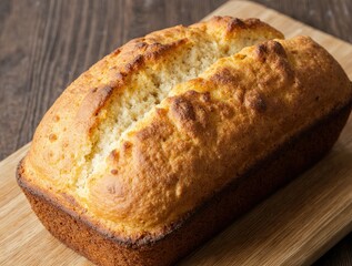 Golden brown loaf of freshly baked bread on a wooden board