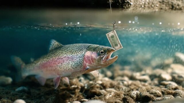 Bait of Greed: A vibrant rainbow trout, lured by a dangling dollar bill, exemplifies the timeless struggle between desire and consequence beneath the water's surface.