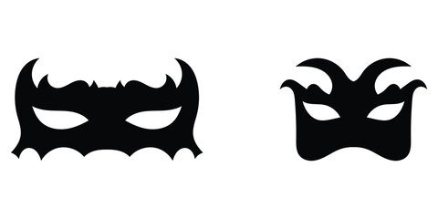 Party black musk icons on isolated page. Super-heroes musk icon on white page. Carnival black facial mask set. Modern comical vector mask set. EPS 10. 