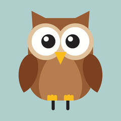Cartoon owl with big eyes and brown feathers on a blue background.