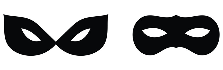 Party black musk icons on isolated page. Super-heroes musk icon on white page. Carnival black facial mask set. Modern comical vector mask set. EPS 10. 