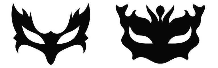 Vector isolated modern costume face silhouette icons set on white background. Party black musk icons on isolated page. Super-heroes musk icon on white page. Carnival black facial mask set. EPS 10. 