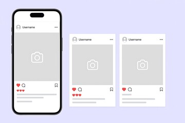 Smartphone displaying social media feed with engagement icons and placeholder images