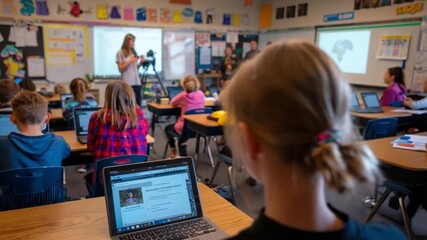 Classroom of Future: A group of students engaged in learning activities within the classroom. They are seated in desks, and using laptops to participate in an interactive lesson.