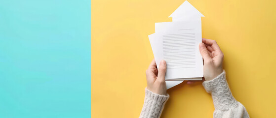 Hands holding papers shaped like house colorful background, symbolizing home ownership or real