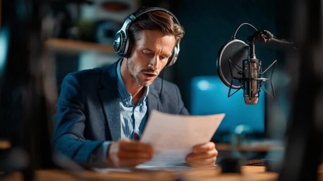 Voice recording in studio: A focused professional in a soundproof studio, immersed in the art of voice recording, delivering a script with precision and passion.