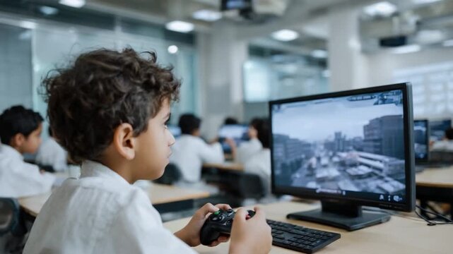 Young Gamer at Computer: A focused young student engrossed in a video game at his computer, showcasing modern education. The digital landscape ignites curiosity.