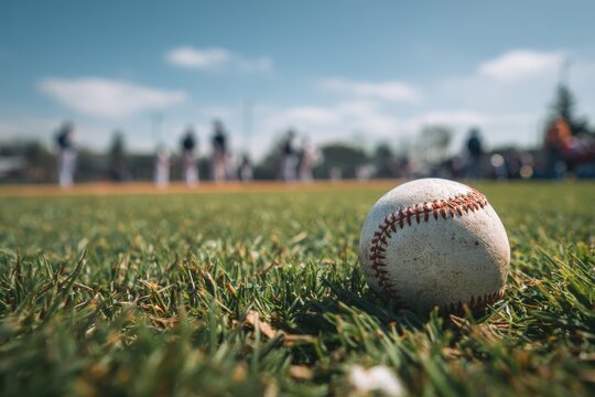 Baseball ball on green grass field with visible seams and minor wear, players in background, bright sky with clouds, giving a sunny and inviting atmosphere for sports enthusiasts