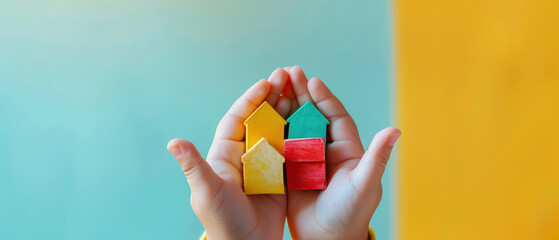 Colorful wooden house shapes held hands creative and playful vibrant background childlike design