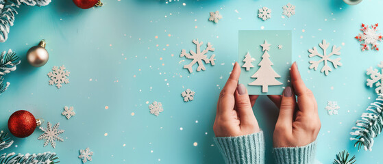 Person holding Christmas tree and snowflake cutouts blue background with holiday decorations
