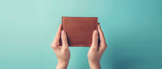 Person holding brown leather wallet with both hands against light blue background, emphasizing