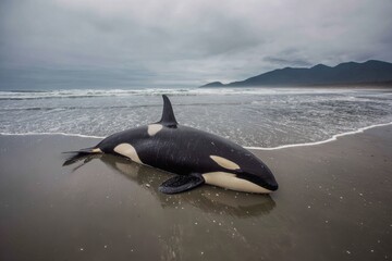 Fototapeta premium Stranded orca rests on a sandy beach as waves crash gently on its body under a cloudy sky