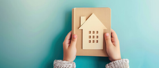 Person holding wooden house model book with blue background, symbolizing home or real estate