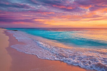Obraz premium Beautiful beach landscape at sunset with soft sands meeting turquoise waves, pastel skies in pink, purple, and orange hues, creating a serene and picturesque atmosphere for relaxation lovers