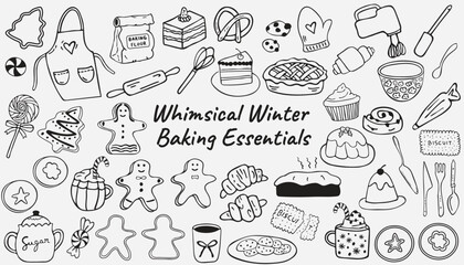 Hand drawn winter baking doodle set. Kitchen utensils, rolling pin, whisk, flour, and seasonal treat icons in sketch style for recipe books, menu design, food blogs, and packaging.