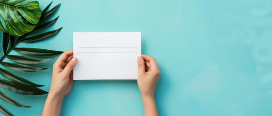 Person holding blank white card with lines blue background with green leaves side. Perfect