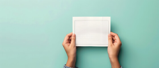 Person holding blank photo frame with both hands against pastel background, creating