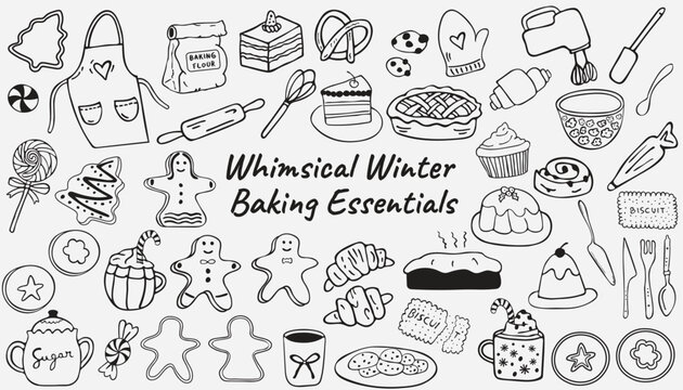 Hand drawn winter baking doodle set. Kitchen utensils, rolling pin, whisk, flour, and seasonal treat icons in sketch style for recipe books, menu design, food blogs, and packaging.