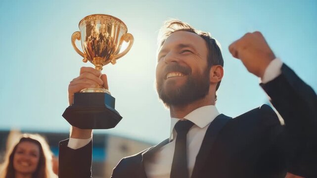 business man in suit holding a golden trophy cup, celebrating success, victory, office team applause. employee appreciation day. awarding the best employee. Close up, faceless, leader, boss, company