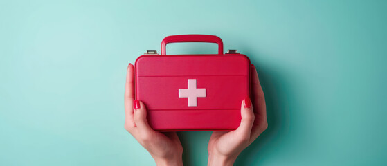 Close up of hands holding red first aid kit with white cross on light blue background
