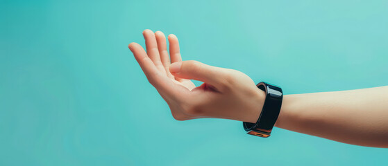 Close up of hand wearing fitness tracker light blue background, showing relaxed pose with