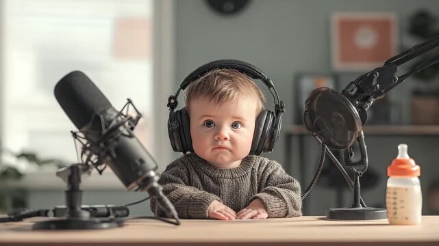 Tiny Podcaster: An adorable baby, donning headphones and surrounded by microphones, stares intently, ready to share the world from its unique perspective.