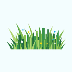 Illustration of green grass with blue and yellow dots on a white background.