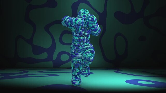 VJ loop of hip-hop dancing humanoid figure made from abstract ropes.