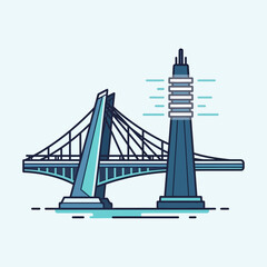 Illustration of a bridge and tower in blue tones on a light background.