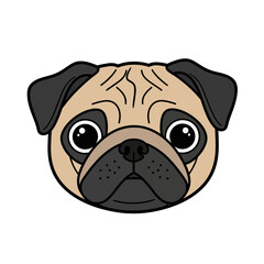 Illustration of a pug dog's head with a tan face and black ears and nose.