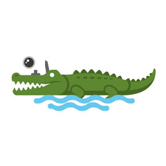 Cartoon alligator swimming in water with a funny eye accessory.