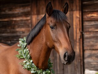 Obraz premium Horse adorned with eucalyptus wreath poses gracefully near barn