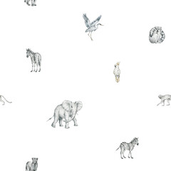 Obraz premium Watercolor seamless pattern with African animals. Elephant, zebra, lemur, crane, parrot. Tropical, jungle background for wallpaper, textile.