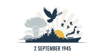 World War II End Commemoration with Peace Dove and Atomic Bomb Cloud.