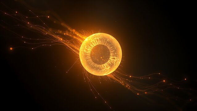 subjective. A single, glowing primordial cell dividing rapidly in a dark aquatic environment with vibrant energy trails. STEM education sheets.