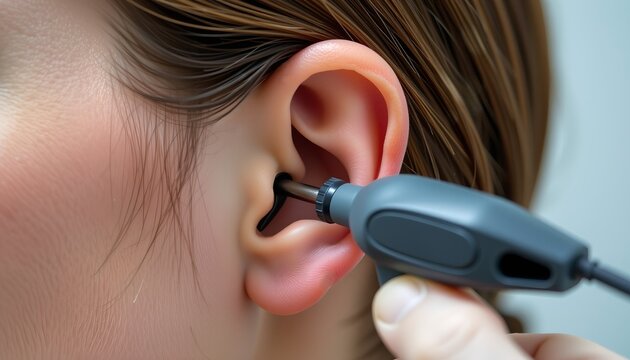 Close-up of ear examination using a modern otoscope.