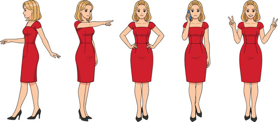 Cartoon woman poses, red dress character, blonde hair, peace sign, pointing gesture, walking stance, phone call, confident posture, stylish