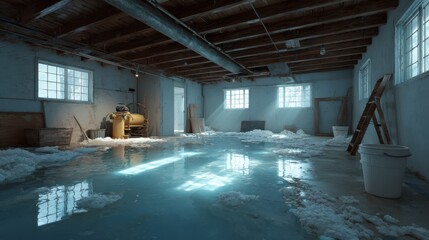 An abandoned basement is flooded with water, reflecting the light from the windows, creating an eerie and surreal atmosphere