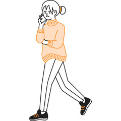 Woman In Peach Turtleneck Sweater And White Pants Talking On Cell Phone While Walking Outdoors Wearing Black Sneakers With Orange Accents